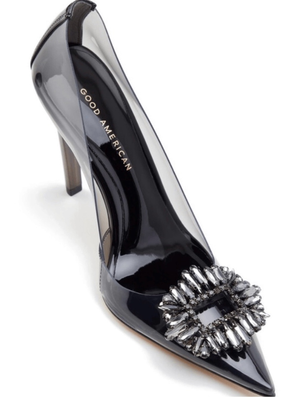 Good American Black Patent Pointed Toe Crystal Buckle Pumps